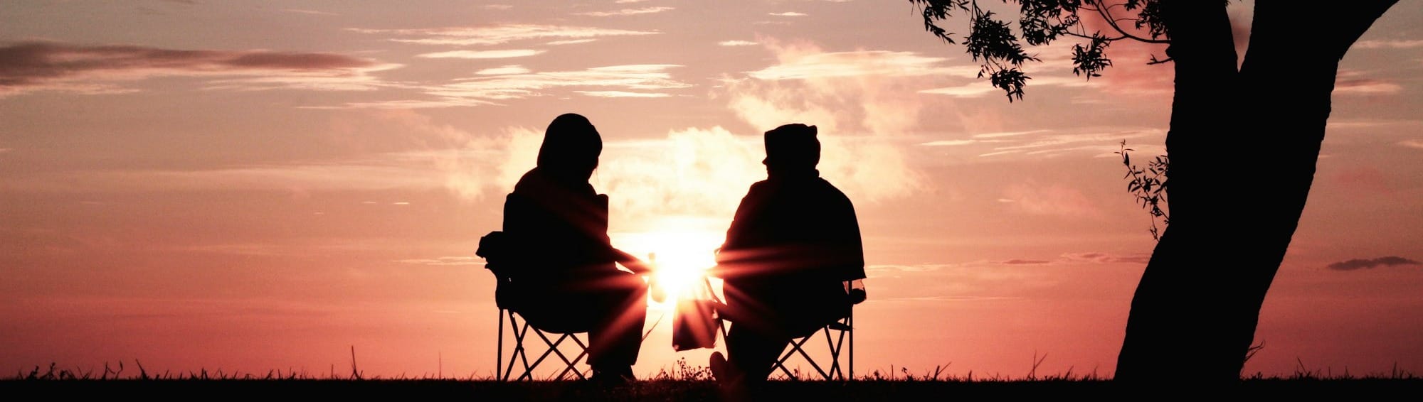 silhouette of two person sitting on chair near tree